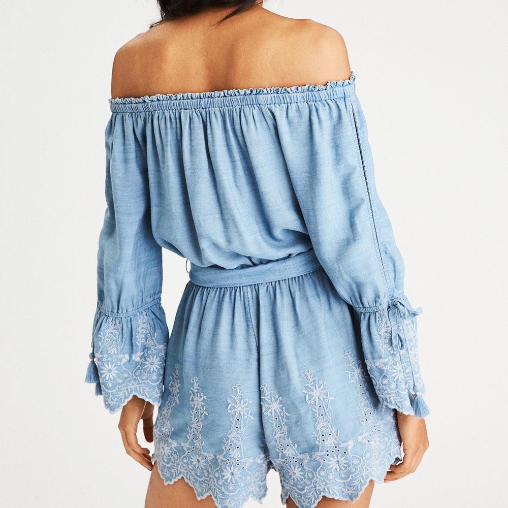 Chambray/ Linen off the shoulder Romper